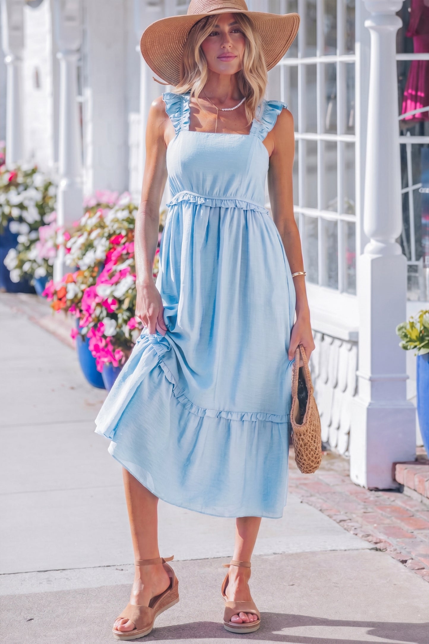 Effen mouwloos maxi-jurk met ruches en hoge taille