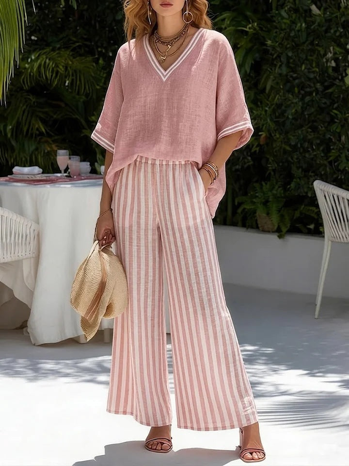 Linen-Cotton Set: Loose V-Neck Short-Sleeve Top and Striped Wide-Leg Pants