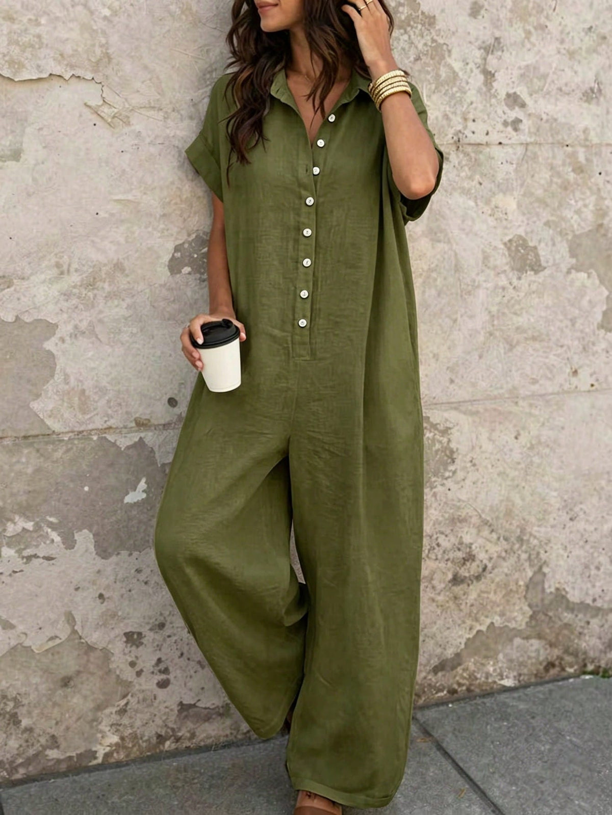 Short Sleeve Button Front Loose Fit Jumpsuit