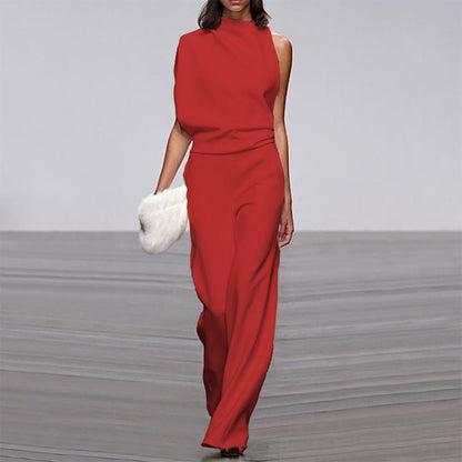 Womens Solid Color One Shoulder Ruched Collar Jumpsuit