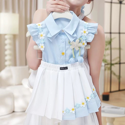Girls Preppy Floral Pleated Outfit