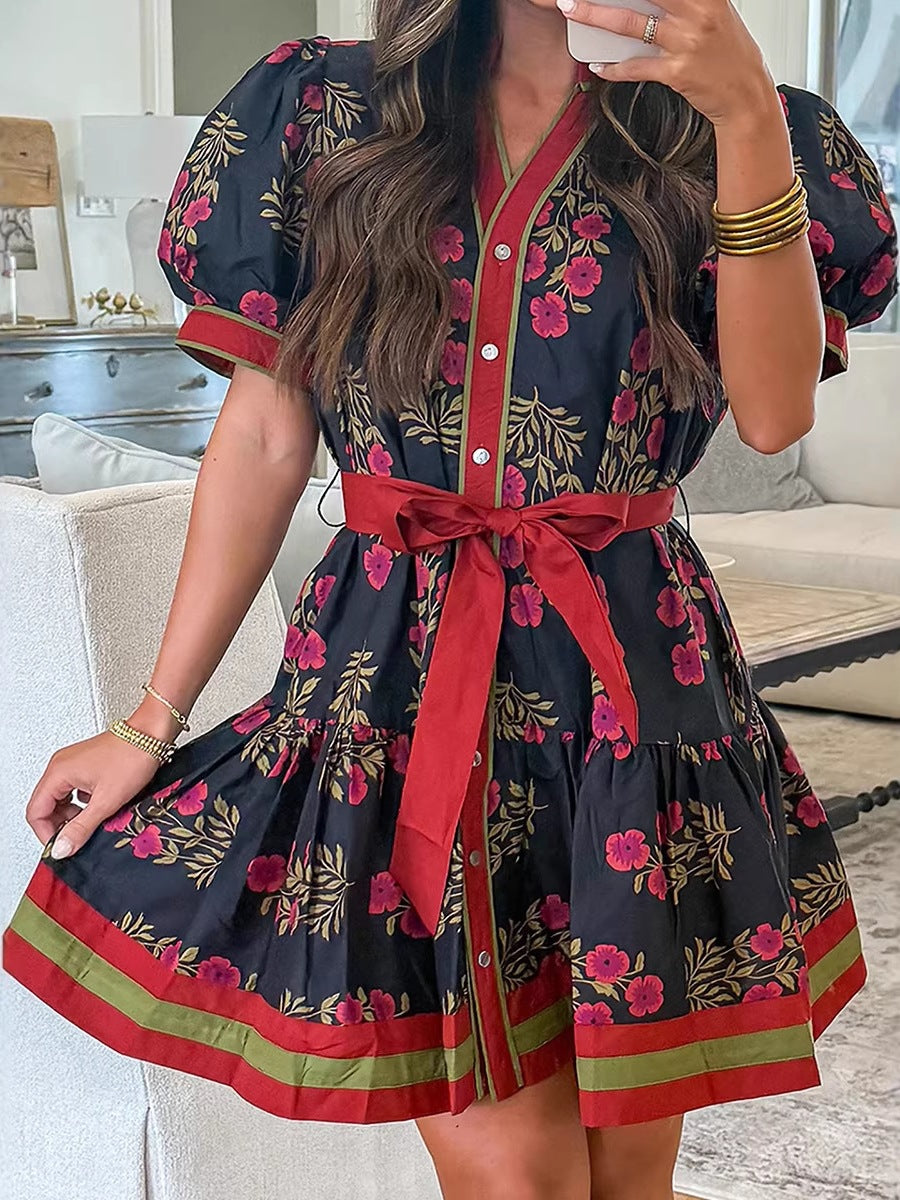 Katoenen jurk met korte pofmouwen bloemenprint centuur en hoge taille