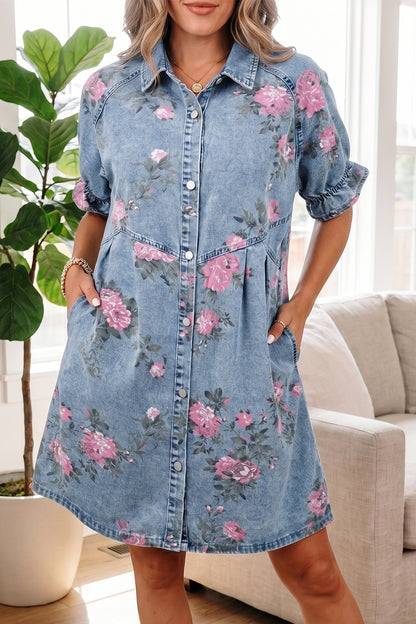 Denim jurk met bloemenprint korte ruchesmouwen zakken en knoopsluiting