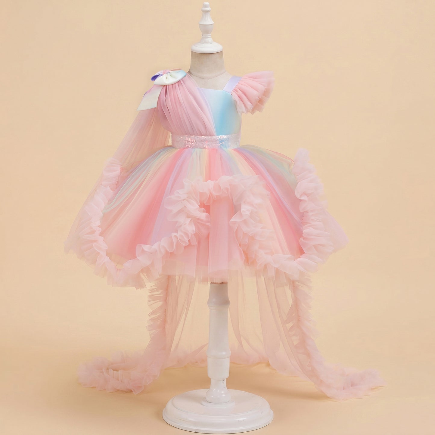 Girls Tulle Princess Dress with Irregular Train and Bow Detail Birthday Party Dress