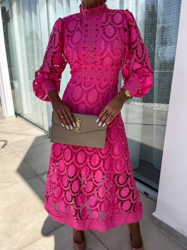 Lace Collar Puff Sleeve Slimming Long Dress