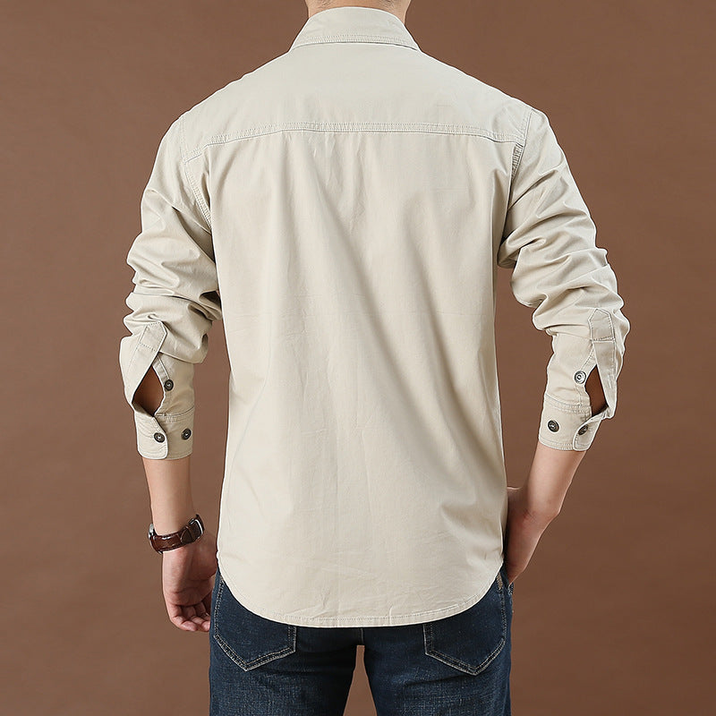 Men's Plus Size Solid Color Long Sleeve Work Shirt Loose Fit Casual Button-Down Shirt with Pocket