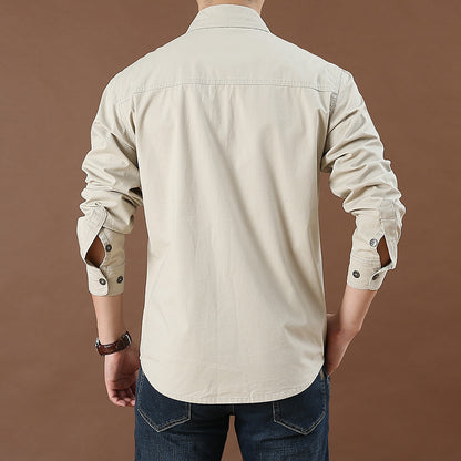 Men's Plus Size Solid Color Long Sleeve Work Shirt Loose Fit Casual Button-Down Shirt with Pocket