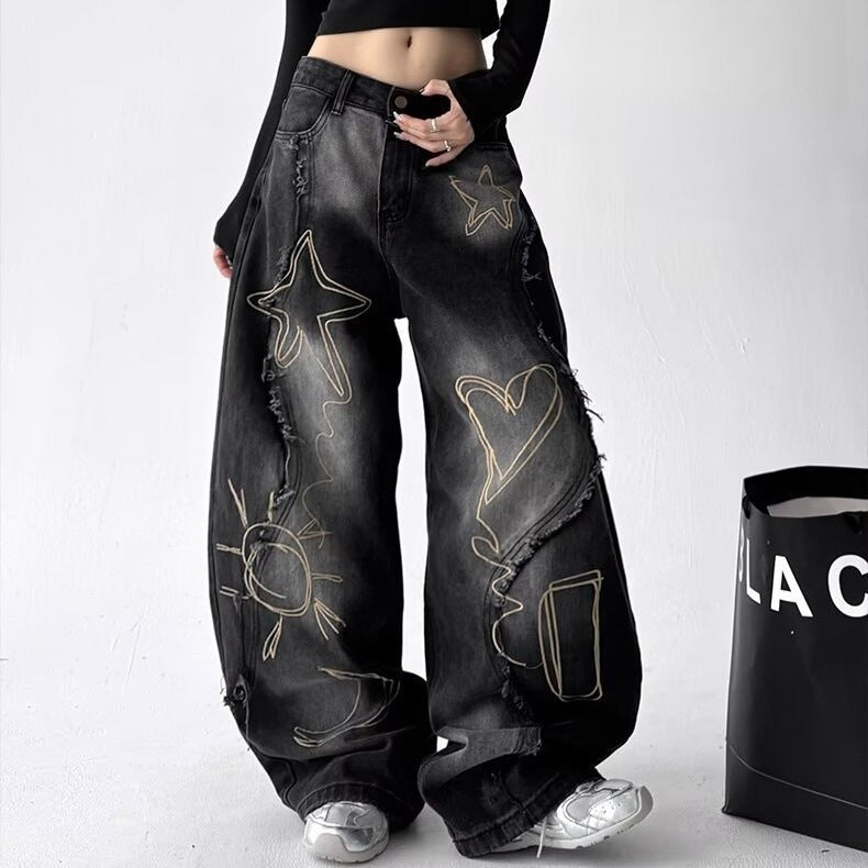 Retro Washed Embroidered Wide-Leg Jeans