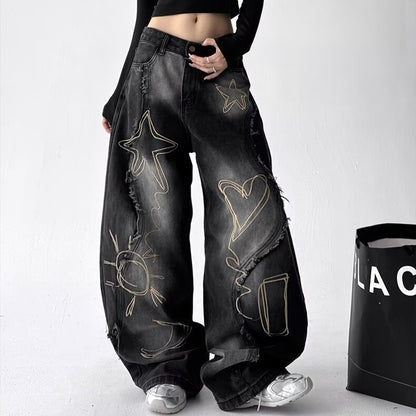 Retro Washed Embroidered Wide-Leg Jeans