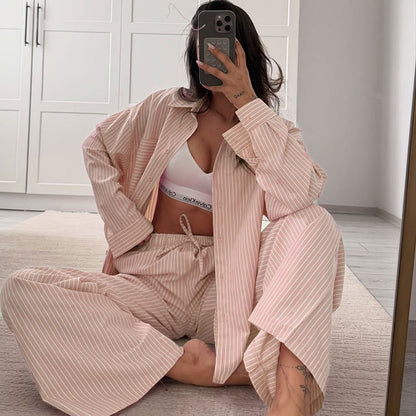 Dames casual gestreepte overhemd  met lange mouwen en  broek set