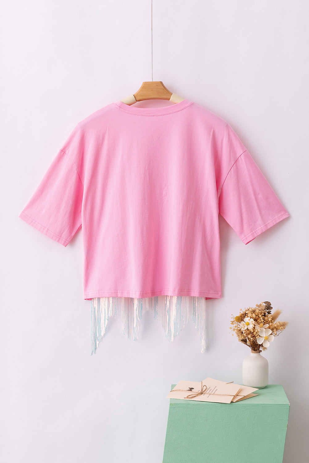Cropped T-shirt met franjes pailletten en korte mouwen