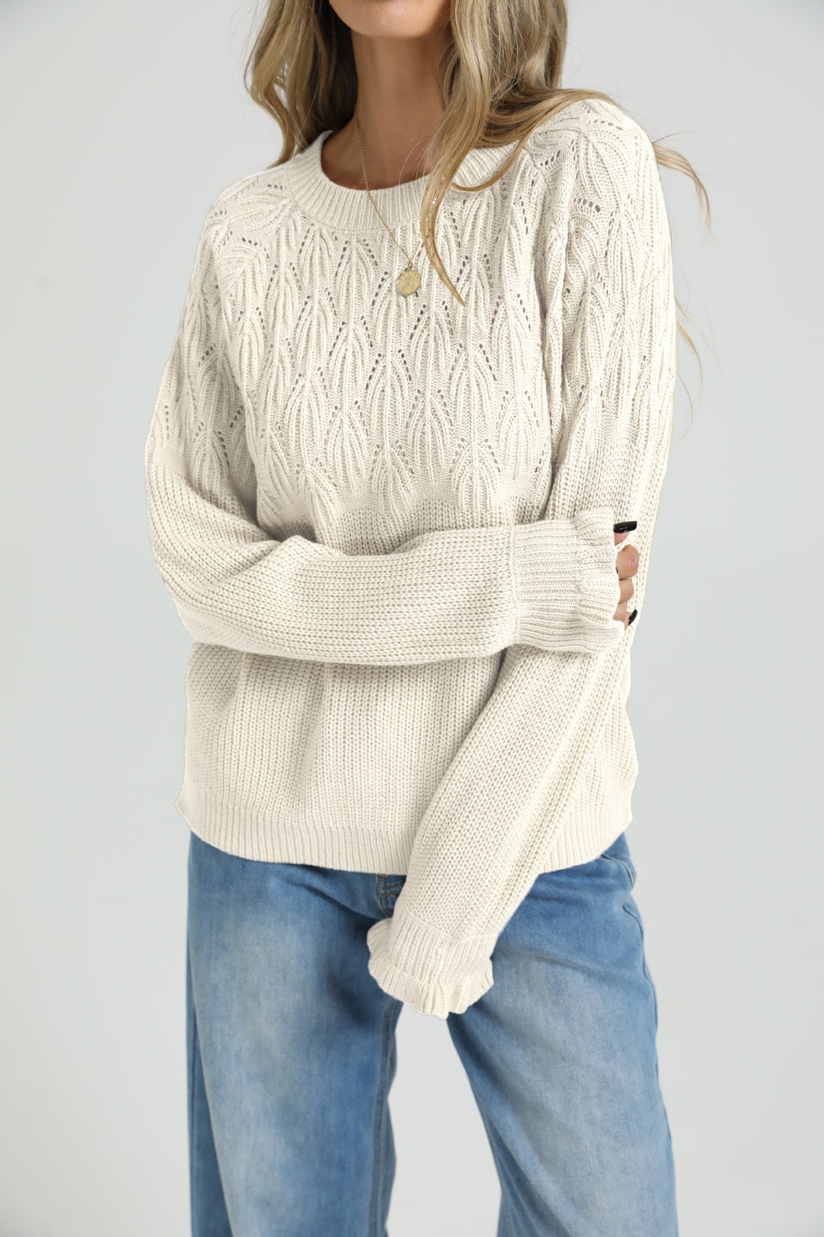 Women's Loose Round Neck Long Sleeve Solid Thick Knit Pullover Sweater
