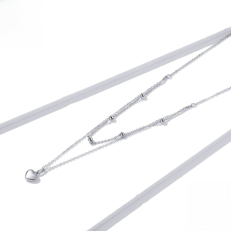 S925 Sterling Silver Heart Necklace Double Layer Layered Clavicle Chain