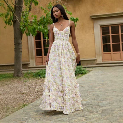 Maxi-jurk van chiffon met bloemenprint split ruches en strikbandjes op de rug