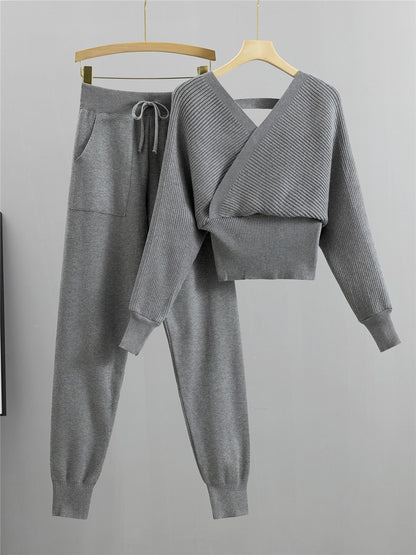 Petite gebreide tweedelige set met dubbele V-hals en blote schouders voor dames