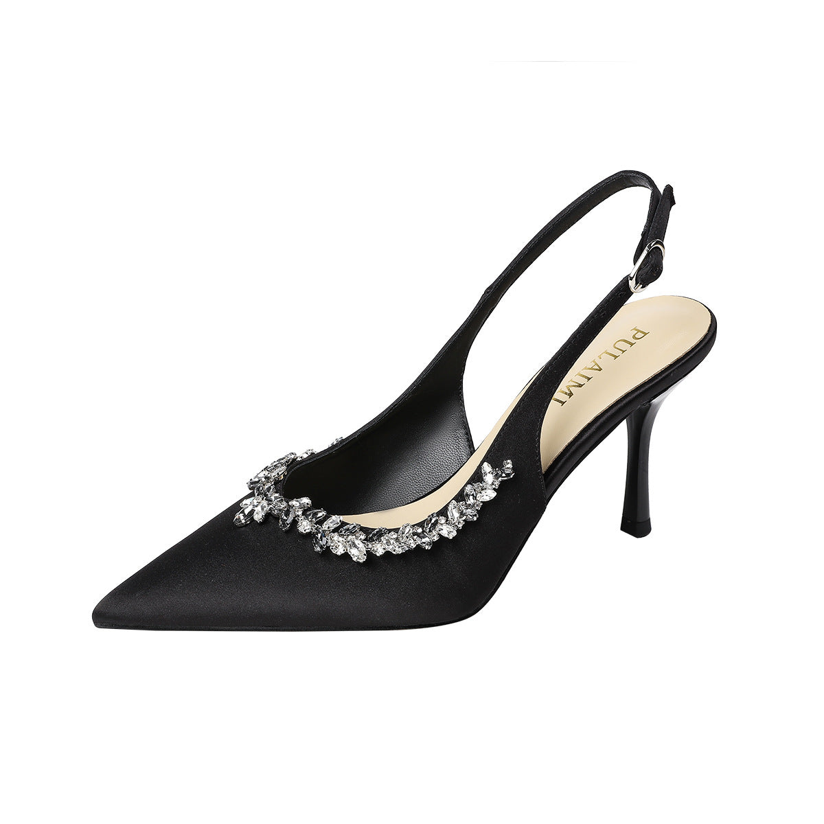 Satijnen slingback pumps met strasssteentjes  en spitse neus in 3 hak hoogtes