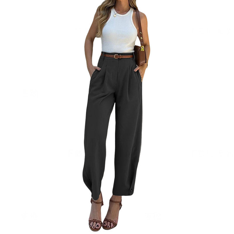 Fashion Temperament Solid Color Loose High Waist Nine-Point Suit Pants