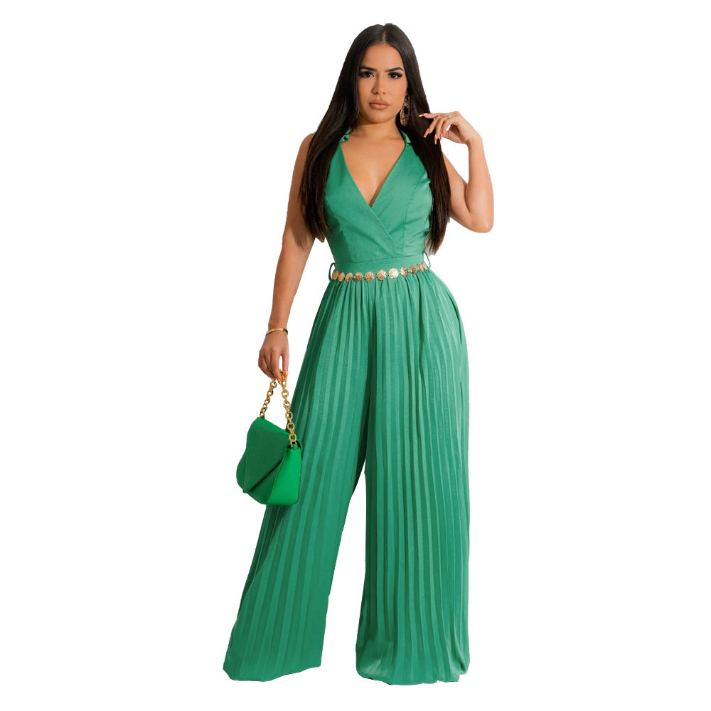 Mouwloze jumpsuit met plooien V-hals en wijde pijpen
