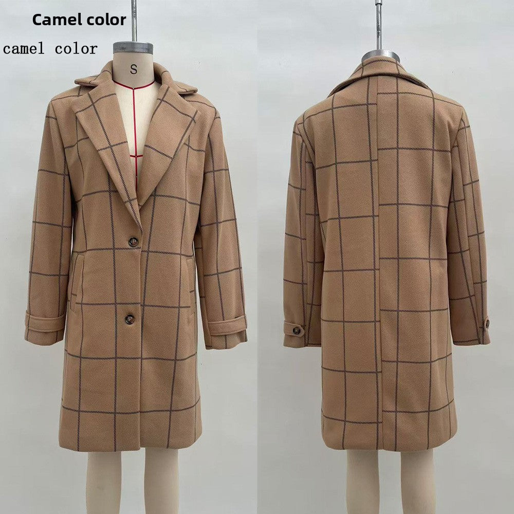 Retro Plaid Mid-Length Lapel Coat for Women