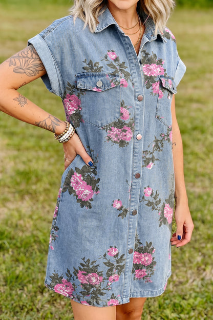 Denim jurk met bloemenprint korte mouwen manchetten zakken en knoopsluiting
