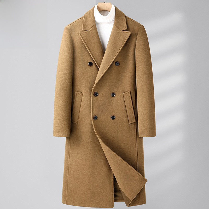 Men Woolen Coat Double Breasted Suit Collar Mid Long Jacket