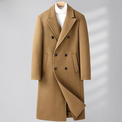 Men Woolen Coat Double Breasted Suit Collar Mid Long Jacket