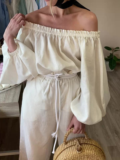 Katoenen en linnen one-shoulder top met lange mouwen en wijde broek set