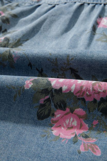 Blauwe denim overhemd met armbandmouwen en bloemenprint