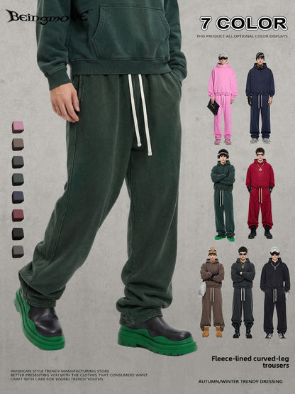 Retro Washed 400g Fleece Lined Curved Cut Straight Leg Sweatpants for Men