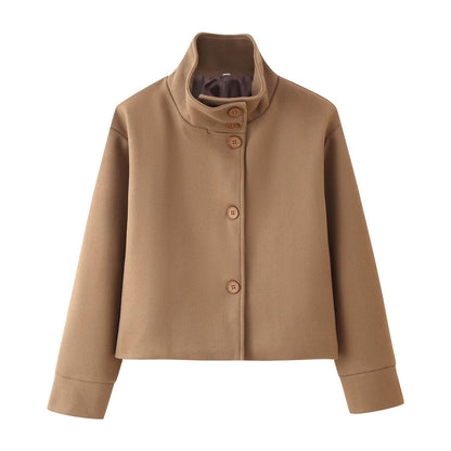Womens Stand Collar Button Woolen Jacket