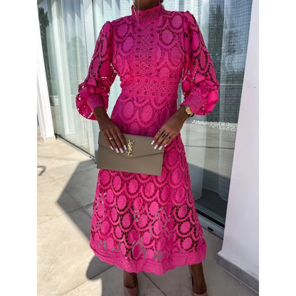 French Style Lace Collar Puff Sleeve Long Dress