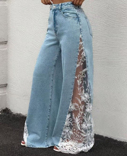 Women Colorblock Lace Spliced Wide Leg Denim Jeans