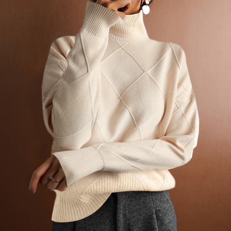 Womens Solid Color High Neck Diamond Pattern Loose Knitwear Sweater