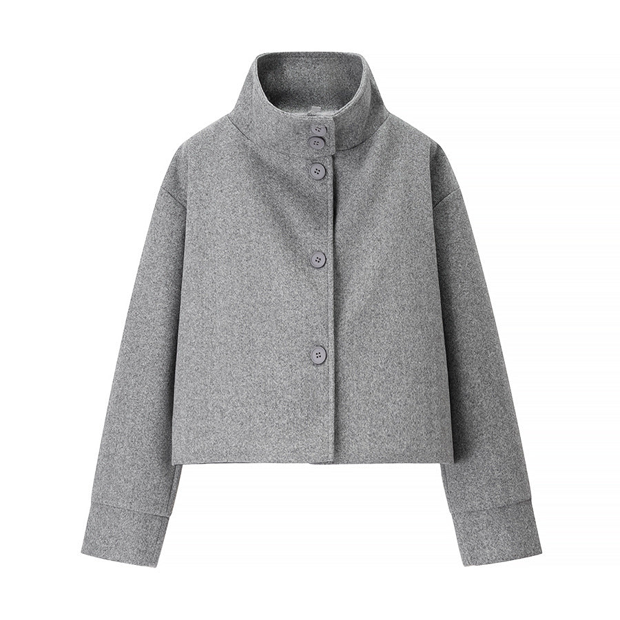 Short Stand-Collar Single-Breasted Elegant Woolen Coat