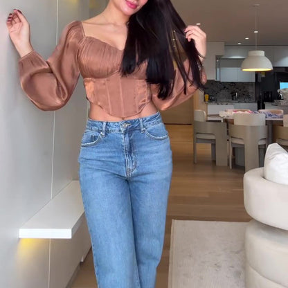 Glitter crop top met lange mouwen en vetersluiting