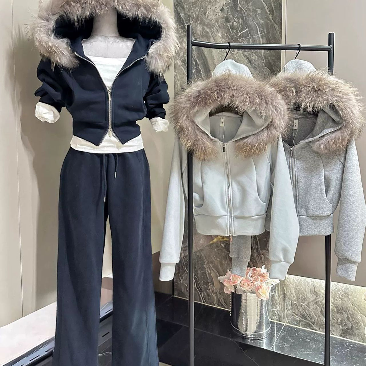 Fleece-Lined Thick Hooded Sweatshirt Jacket Pants Two-Piece Set