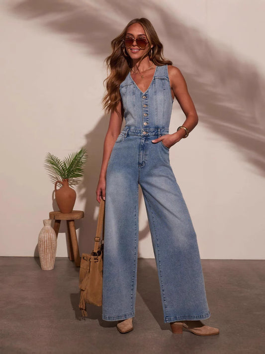 Women's Denim Jumpsuit Sleeveless V-Neck