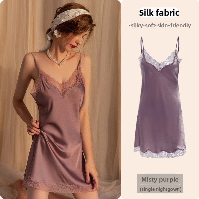 Lace Trim Ice Silk Womens Sleepwear Nightdress