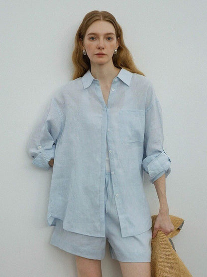 Womens Linen Casual Oversized Shirt Shorts Set