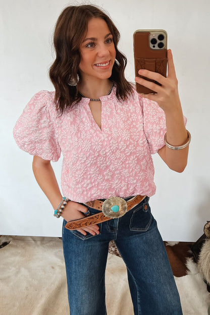 Blouse met pofmouwen en bloemenprint in abrikoosroze jacquardstof