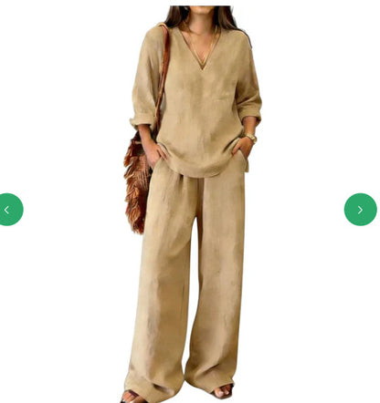 Women's V-Neck Linen Wide-Leg Two-Piece Set