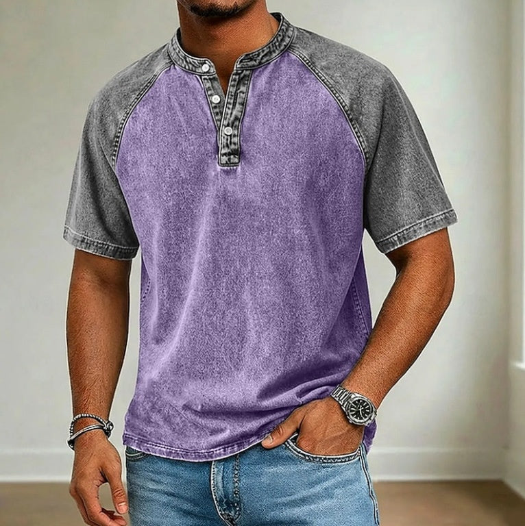 Men's Vintage Washed Henry Collar Short Sleeve Shirt