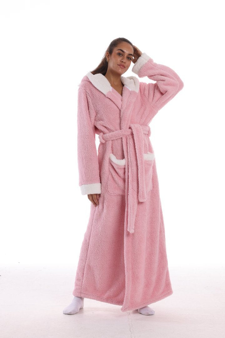 Hooded Solid Color Fleece Bathrobe with Belt Ankle Length Warm Couple Loungewear