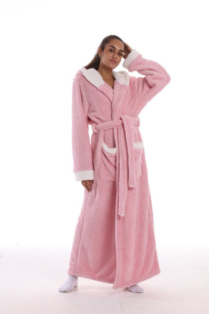 Hooded Solid Color Fleece Bathrobe with Belt Ankle Length Warm Couple Loungewear