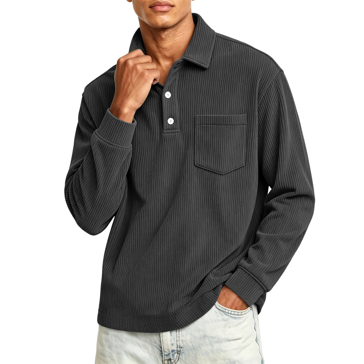 Heren corduroy poloshirt met halve knoopsluiting en lange mouwen