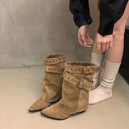 Western Belt Buckle Pointed Toe Boots