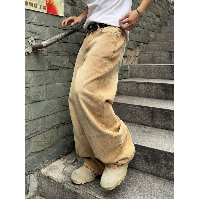 Washed Straight-Length Denim Pants