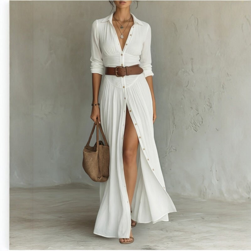 Womens V-Neck Belted Shirt Dress