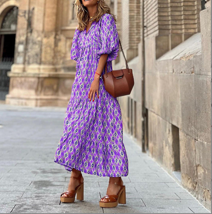 Geometric Print Puff Sleeve V-Neck Long Dress