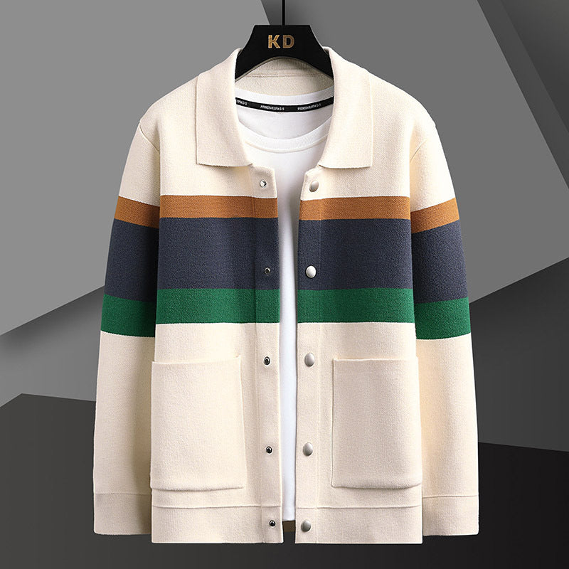 Mens Lapel Color Block Knitted Cardigan